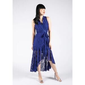 Taylor Women’s Royal Blue Lace Midi Dress Sleeveless V-Neck High Low Cocktail
